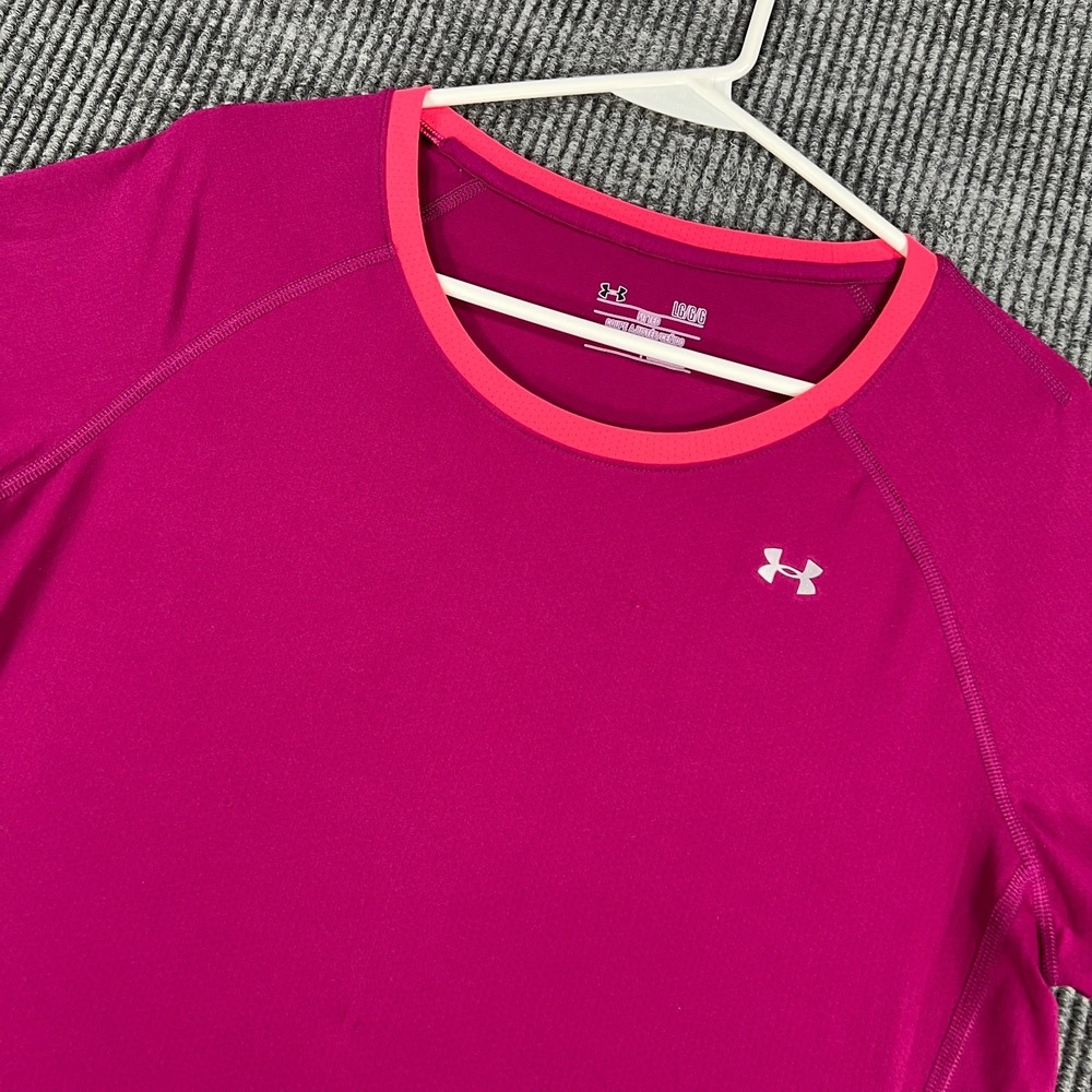 Under Armour Shirt Womens Large Purple Fitted Heat Gear Short Sleeve Gym Casual